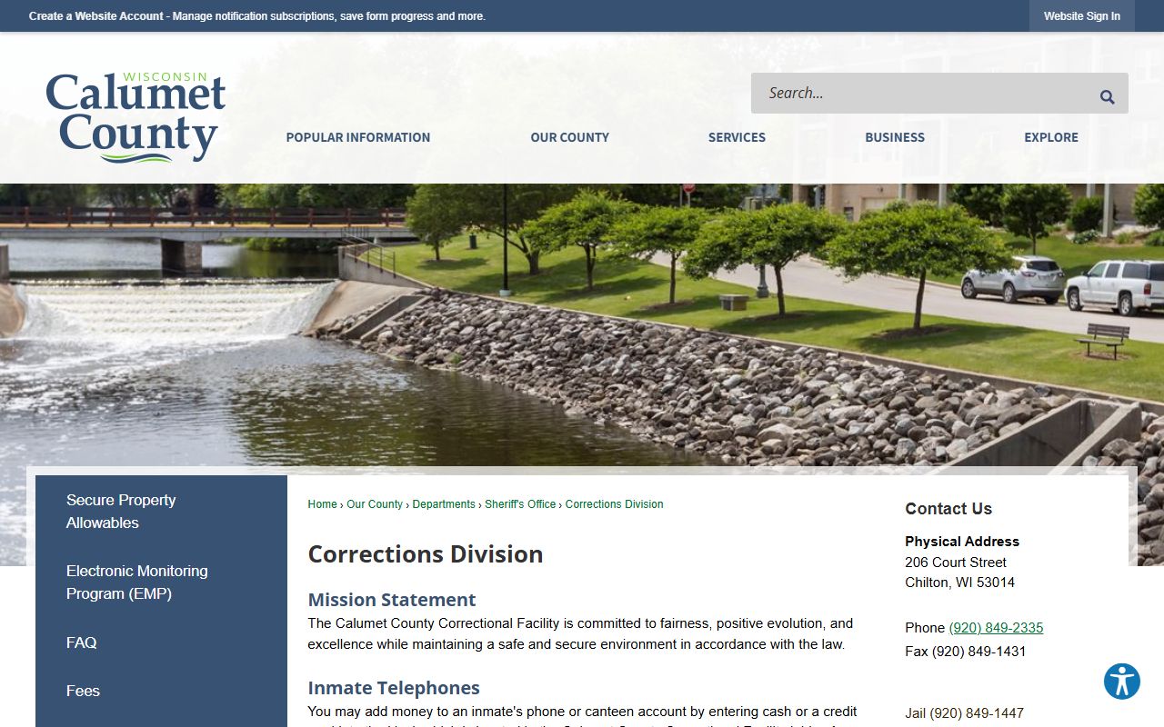 Calumet County inmate population Corrections Division source page