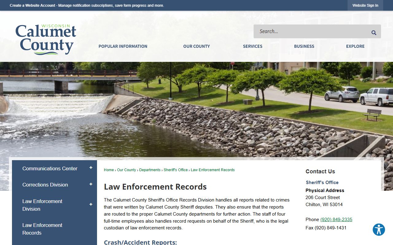 Calumet County inmate records request page for jail and law enforcement records