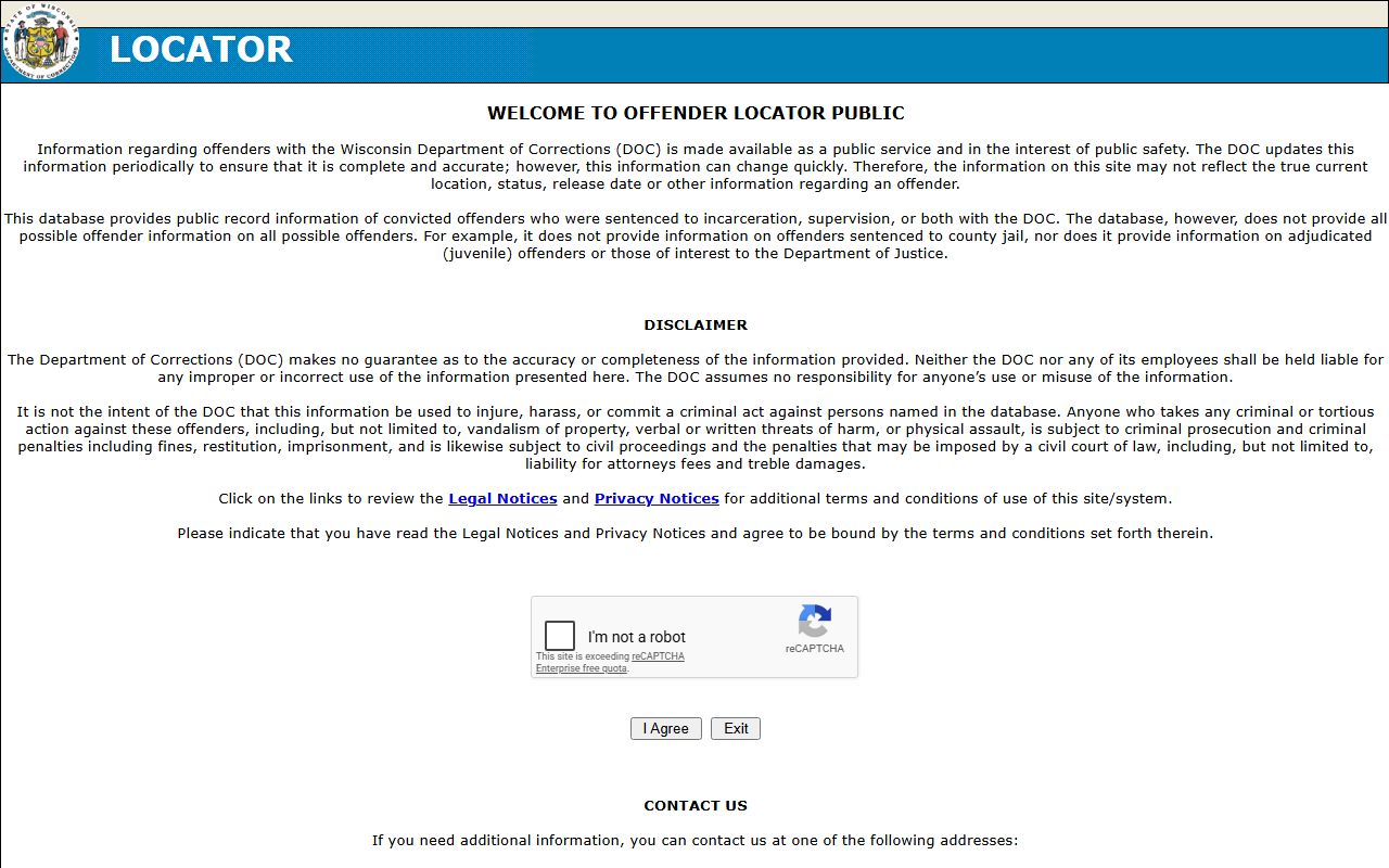 Wisconsin DOC offender locator for Calumet County state prison inmate search